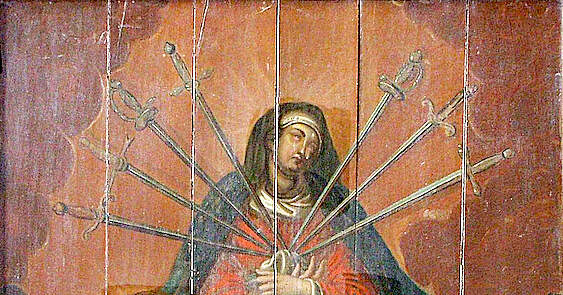 © Auteur inconnu, Public domain, via Wikimedia Commons. Tableau de Notre Dame des sept douleurs dans l'église de Taisnières-sur-Hon (France, Nord)