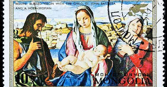 © Getty Images - MONGOLIE  - VERS 1972 : Un timbre imprimé en Mongolie représente le tableau La Sainte Vierge à l'Enfant, de Giovanni Bellini. 