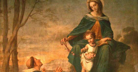 © Rvalette, CC BY-SA 3.0, via Wikimedia Commons. Tableau de Bronzet ainé représentant la Vierge au Rosaire et se trouvant dans l'église Saint-Cannat à Marseille. Dans cette toile du XVIII siècle, le peintre représente saint Dominique recevant le Rosaire de la main de la Vierge.